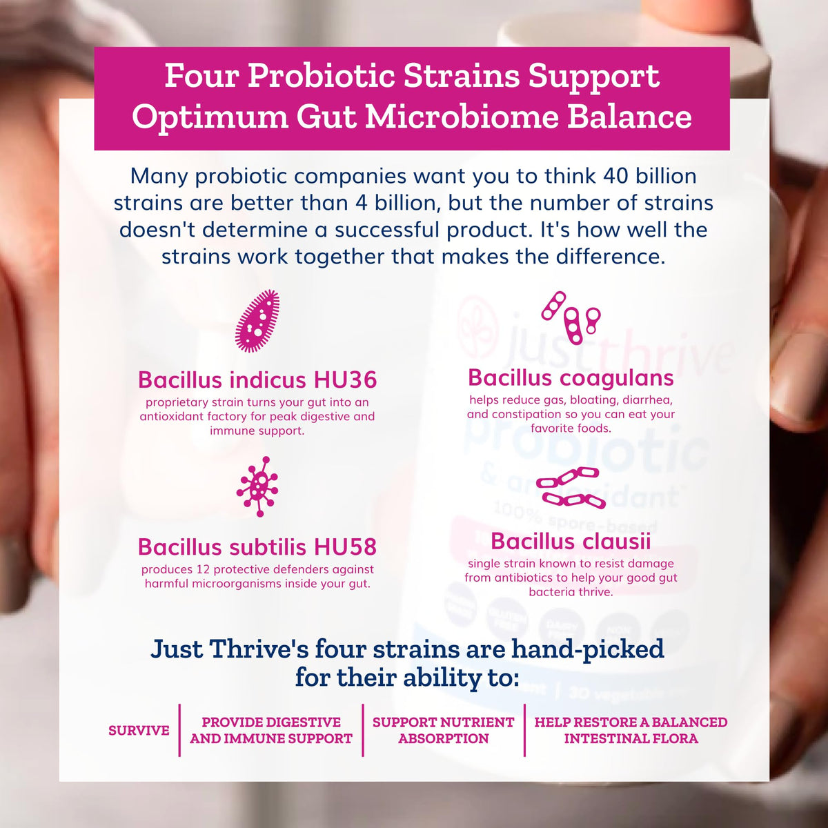 Just Thrive Probiotic 100% Spore-Based 41g flacon ouvert avec capsules