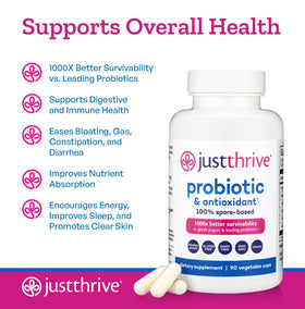 Just Thrive Probiotique 100% à Base de Spores, présentation sur fond blanc