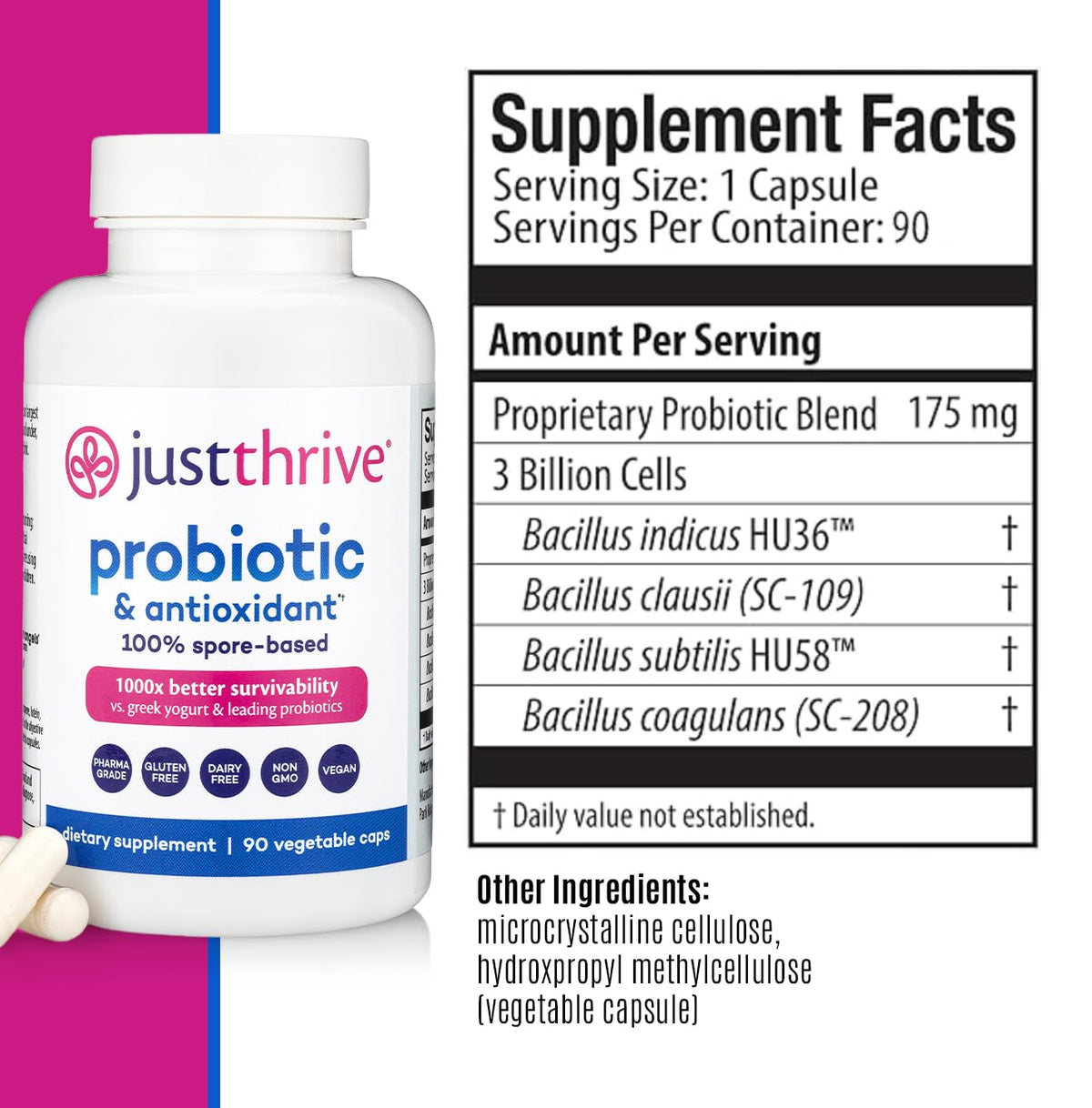 Just Thrive Probiotique 100% à Base de Spores, vue de côté