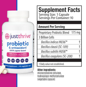Just Thrive Probiotique 100% à Base de Spores, vue de côté
