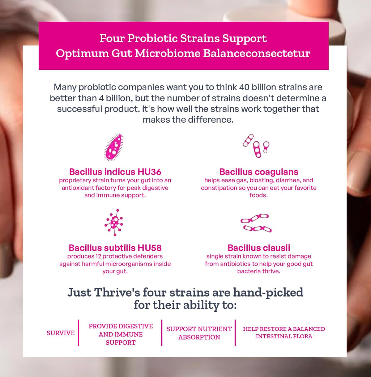 Just Thrive Probiotique 100% à Base de Spores, vue de l'arrière du pot