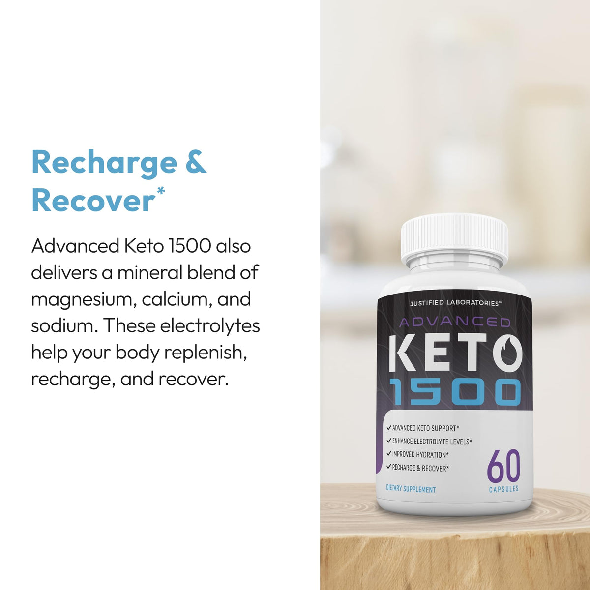 Justified Laboratories Advanced Keto 1500 en main avec verre d'eau