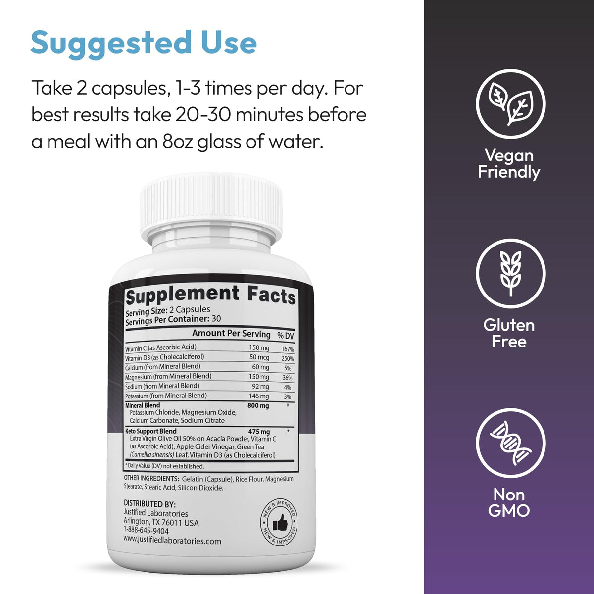 Justified Laboratories Advanced Keto 1500 vue de côté avec étiquette