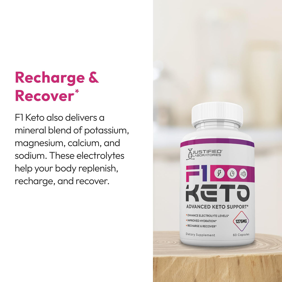 Justified Laboratories F1 Keto capsules avec verre d'eau