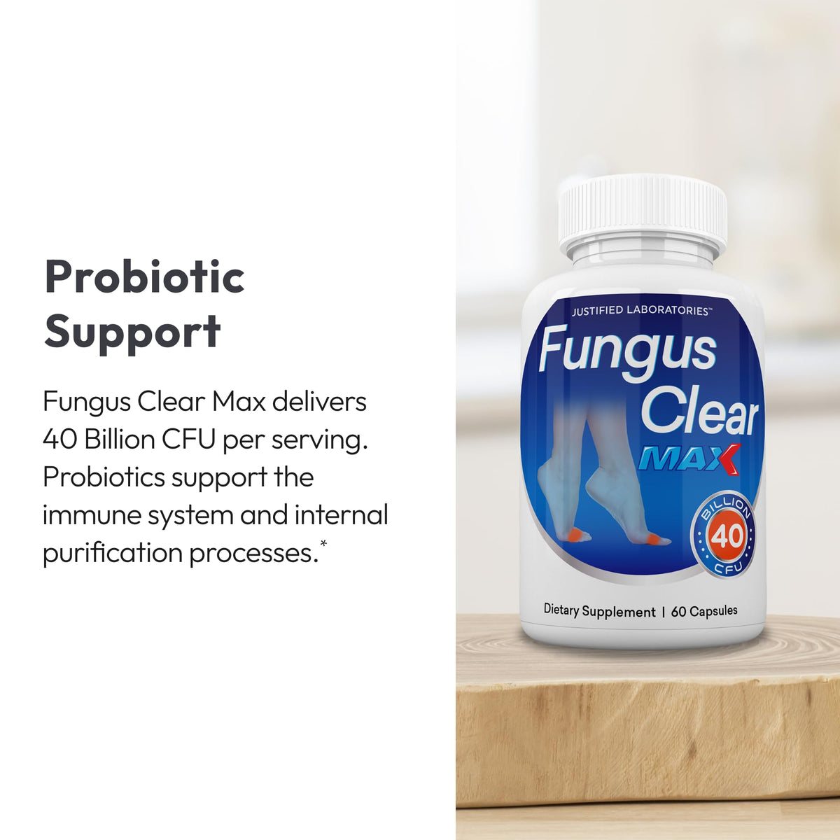 Justified Laboratories Fungus Clear Max capsules on a table