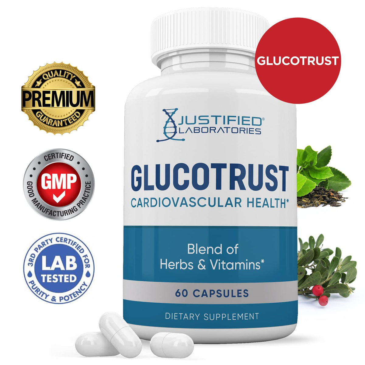 Justified Laboratories Glucotrust Complément Alimentaire 688 MG, capsules sur une surface