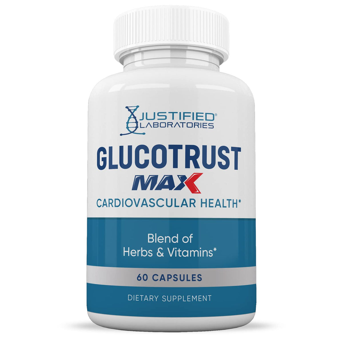 Justified Laboratories Glucotrust Max 1295MG capsules sur fond blanc
