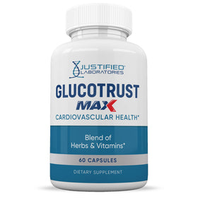Justified Laboratories Glucotrust Max 1295MG capsules sur fond blanc
