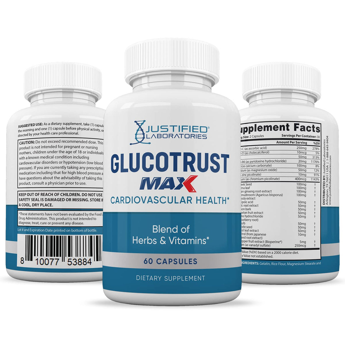 Justified Laboratories Glucotrust Max 1295MG étiquette détaillée