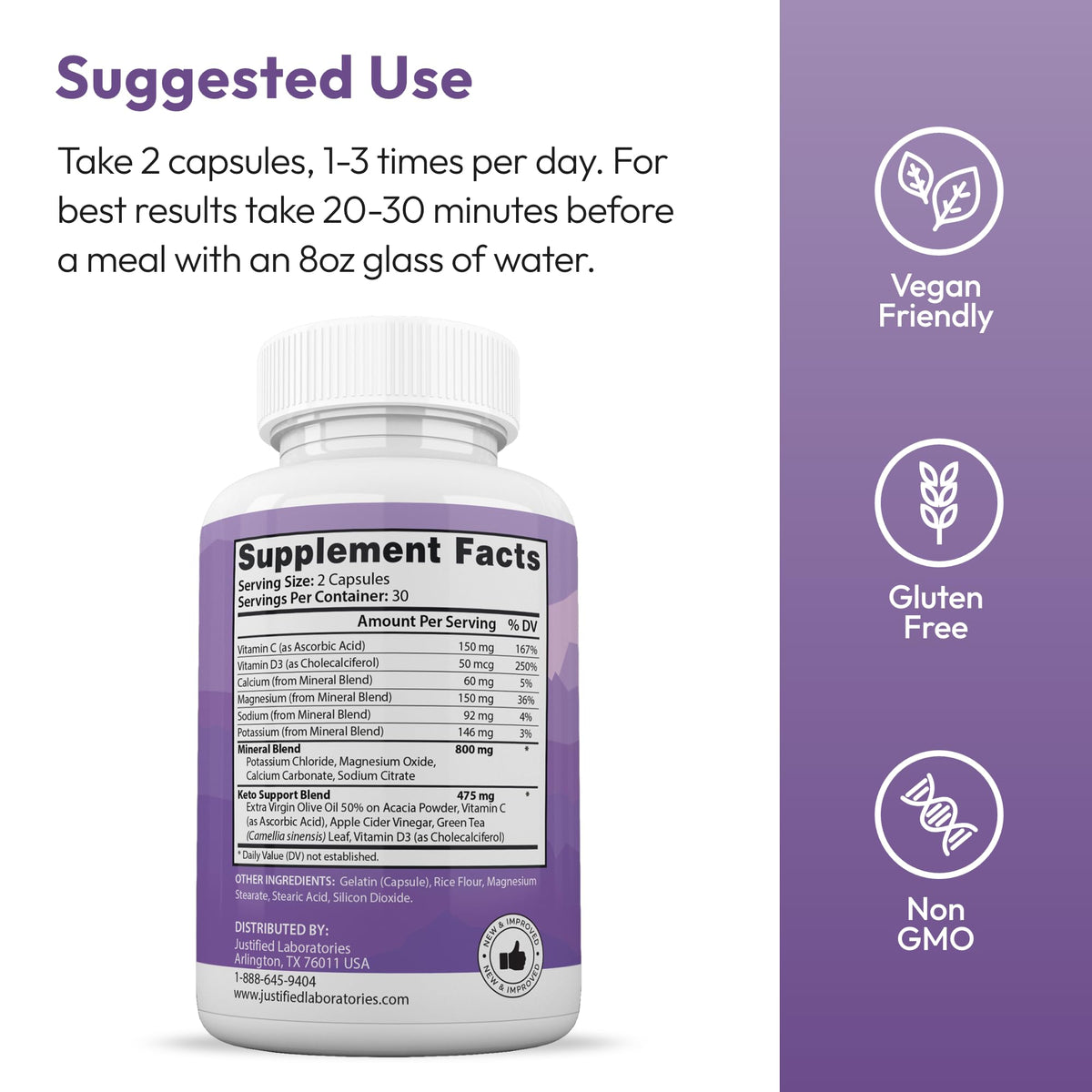 Justified Laboratories Ultra Fast Pure Keto 60 Capsules side view