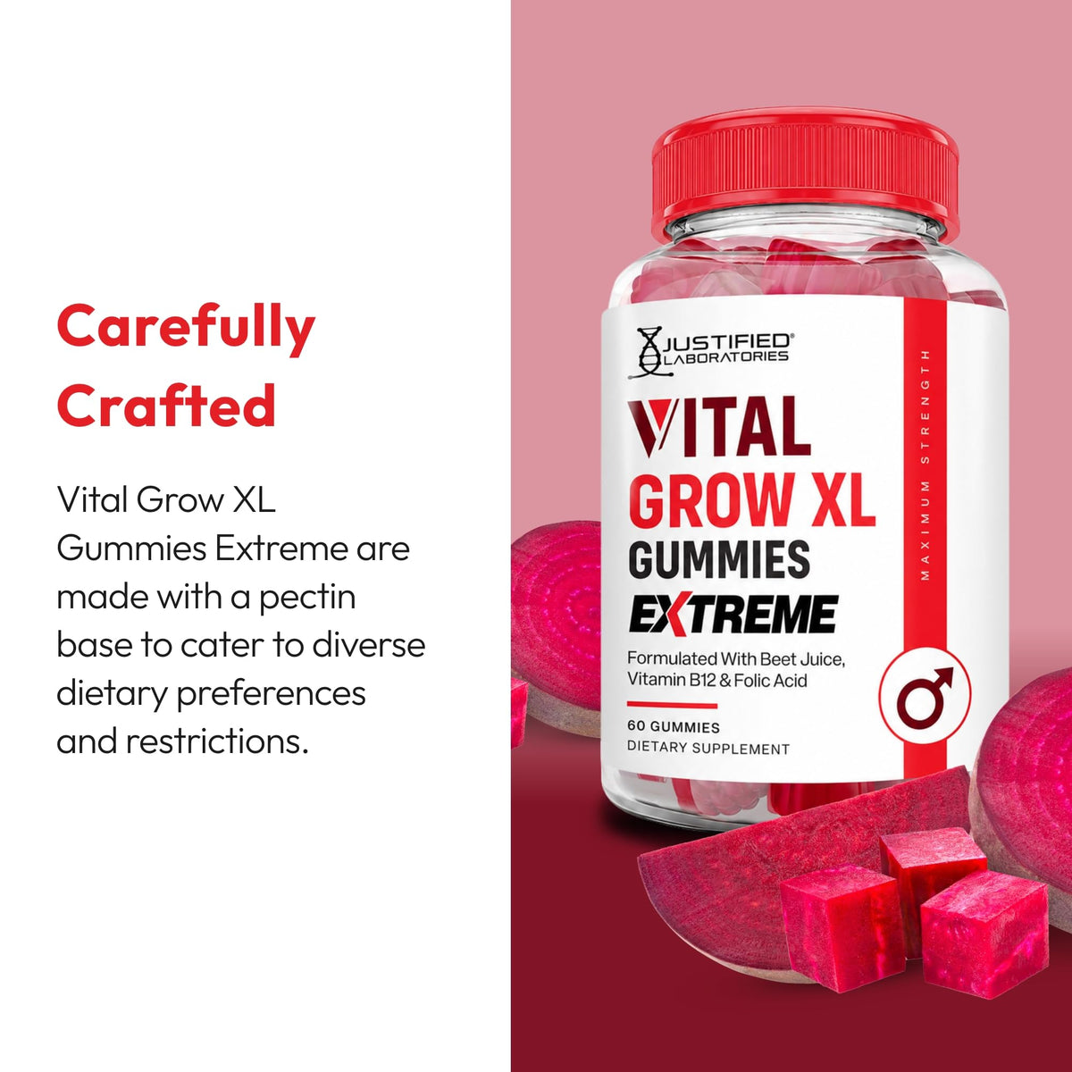 Justified Laboratories Vital Grow XL Gummies in a hand for size comparison