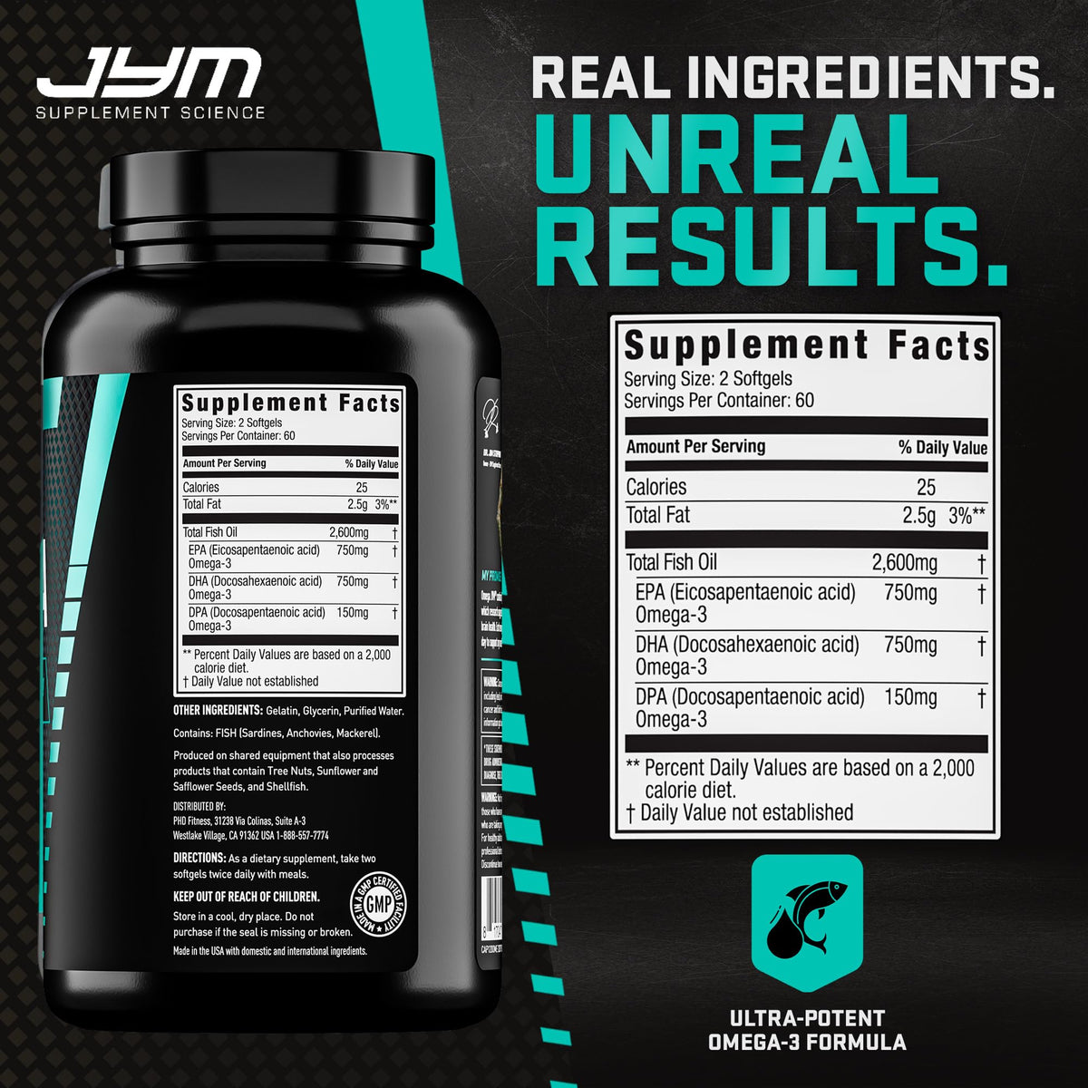 JYM Omega JYM huile de poisson avec gélules à côté
