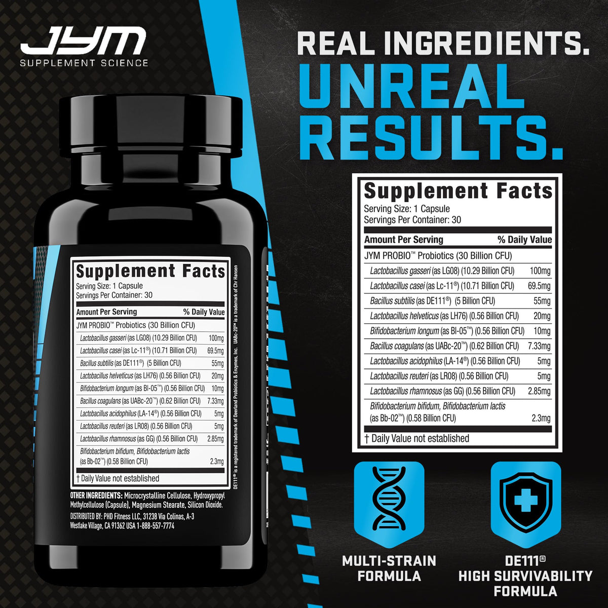 JYM ProBio capsules avec étiquette détaillée
