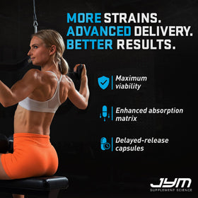 JYM ProBio capsules avec un repas en arrière-plan