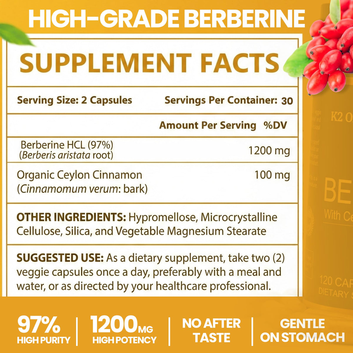 K2 Organics Berberine 1200 mg avec Cannelle de Ceylan contenant 60 capsules