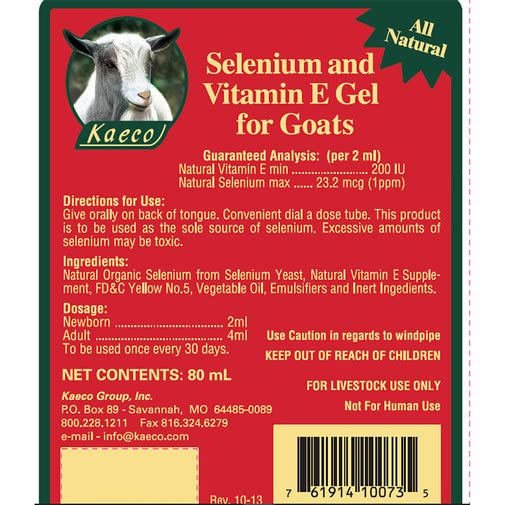 KAECO Gel Oral Sélénium et Vitamine E pour Chèvres 80 mL, tube ouvert montrant le gel
