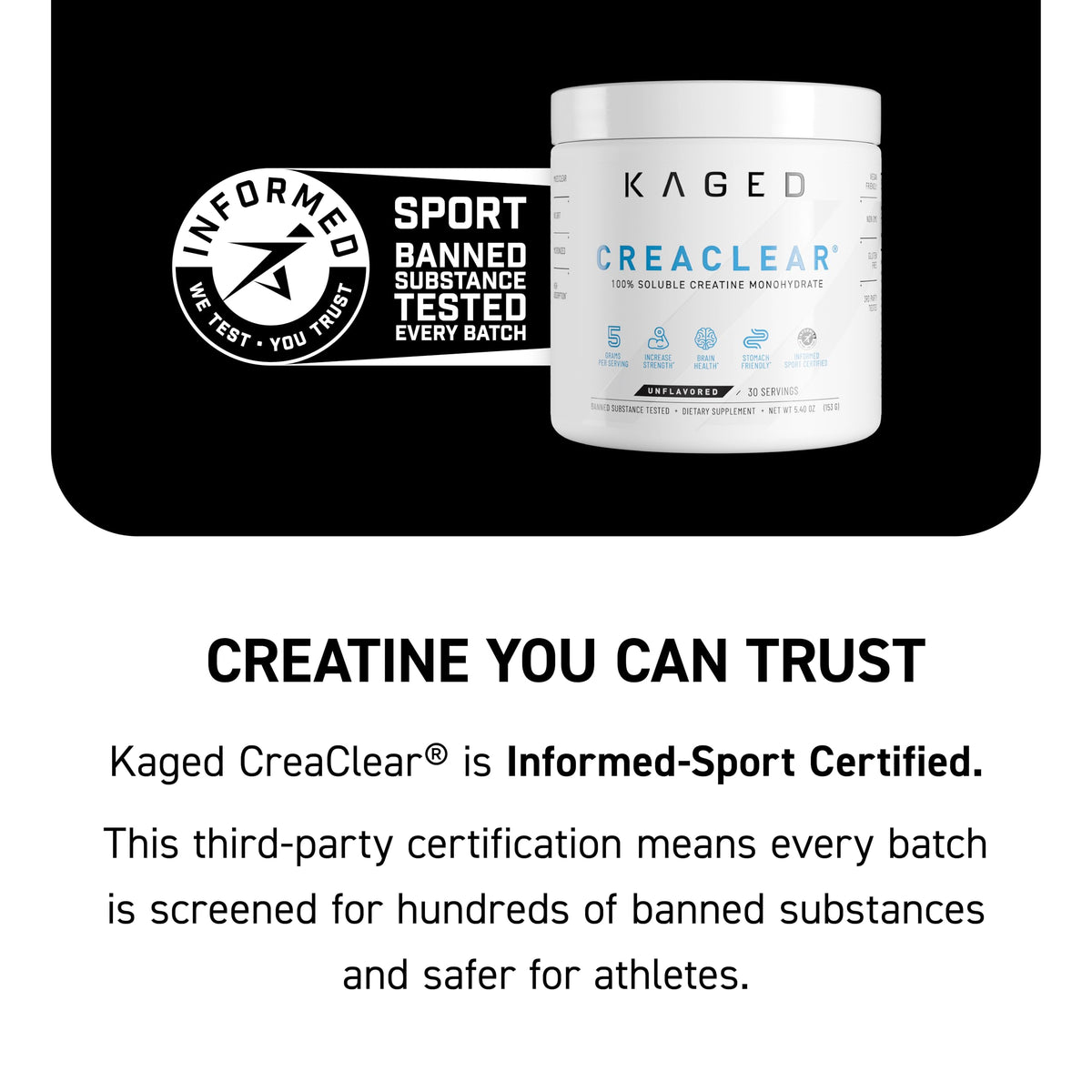 Kaged CreaClear créatine monohydrate 630g sur une table avec des accessoires de fitness