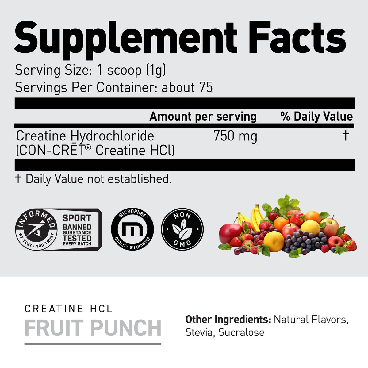 Kaged Creatine HCl Poudre 750 mg avec étiquette détaillée