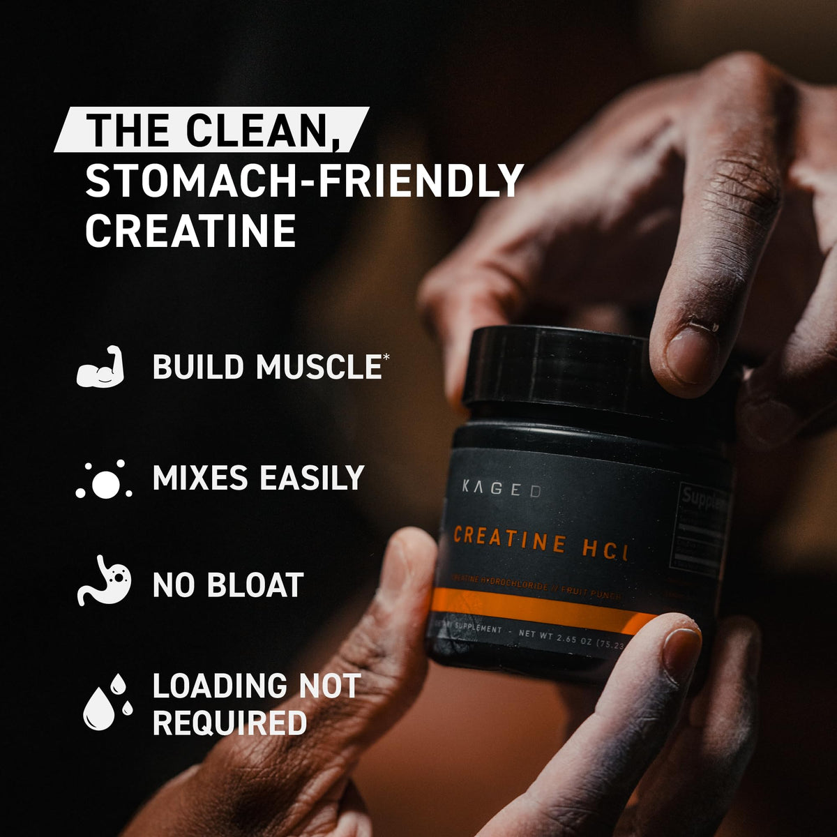Kaged Créatine HCl Poudre 750mg avec arrière-plan sportif
