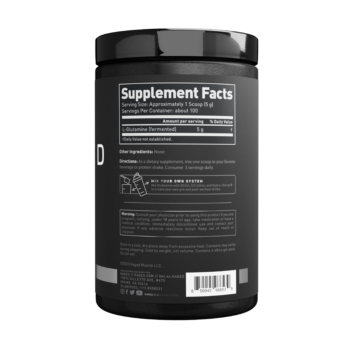 Kaged L-Glutamine Poudre 500g vue de côté
