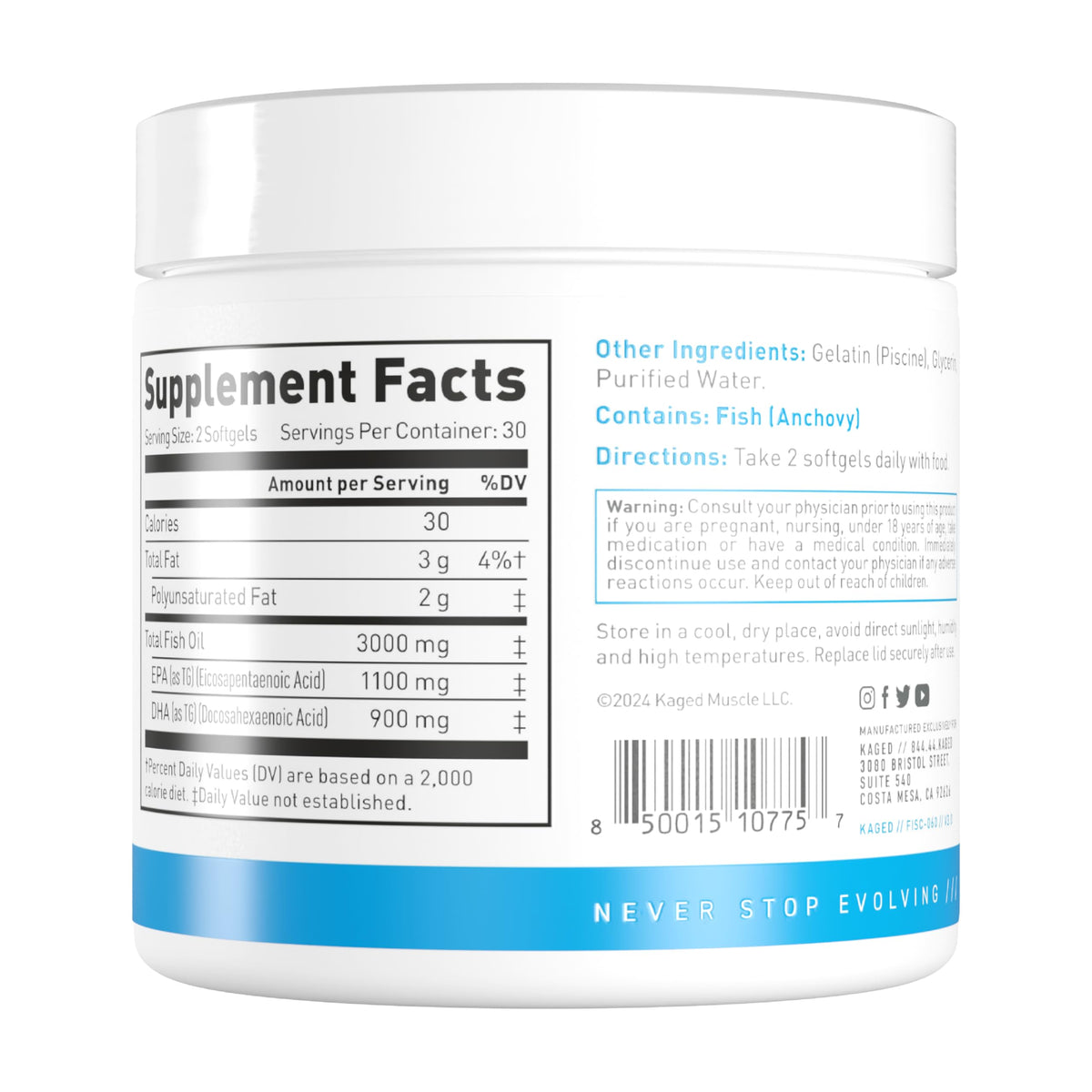 Kaged Omega 3 Huile de Poisson 3000mg gélules dans un verre d'eau