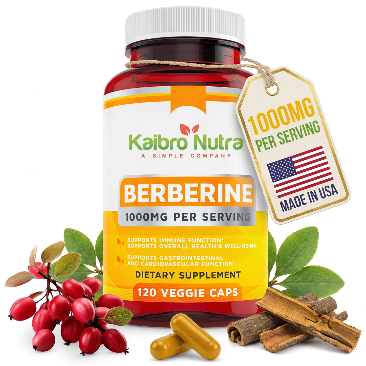 Kaibro Nutra Complément Alimentaire Berbérine HCL 1000mg, vue avant
