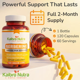 Kaibro Nutra Complément Alimentaire Berbérine HCL, flacon ouvert avec capsules