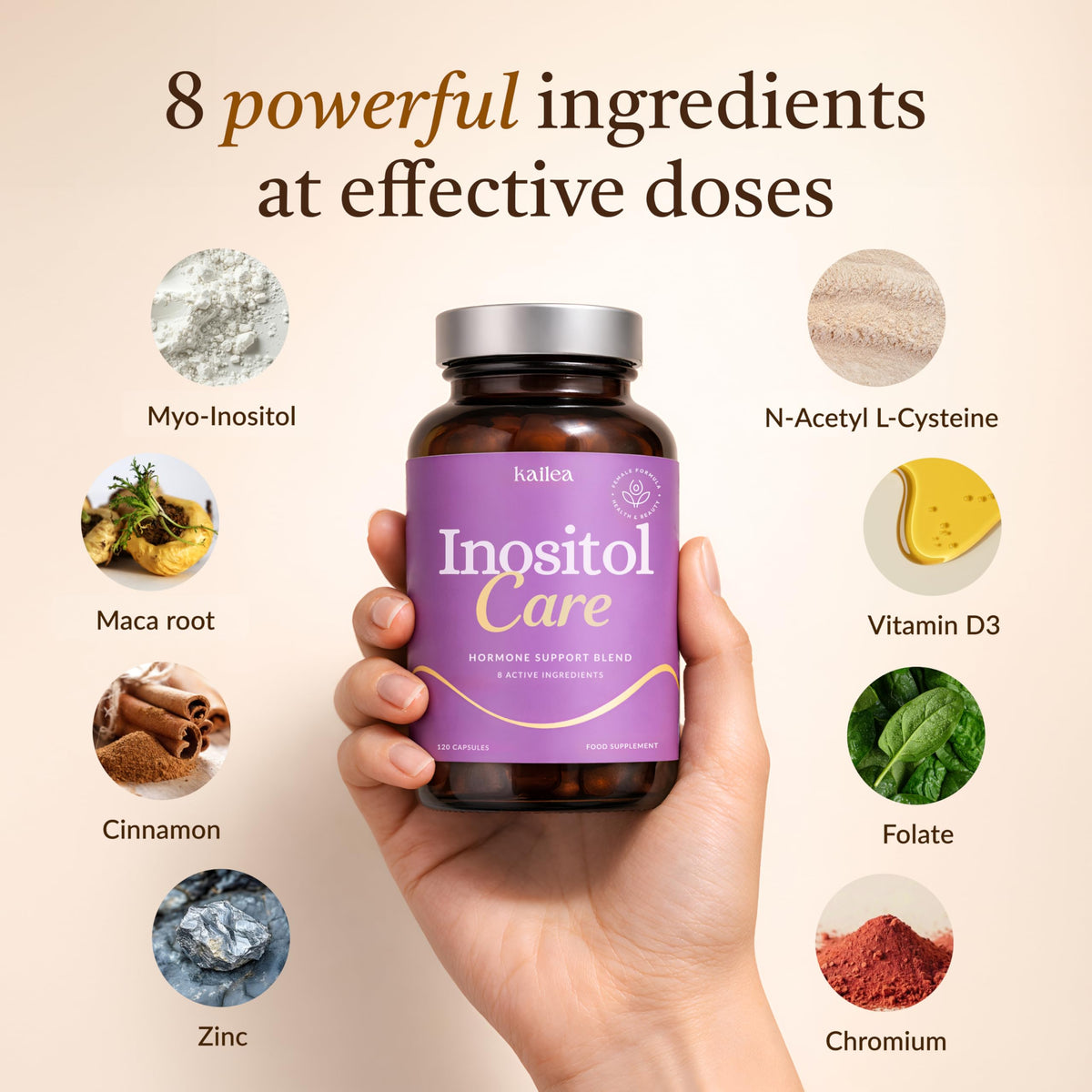 kailea Complexe Inositol 8-en-1 capsules avec ingrédients en arrière-plan