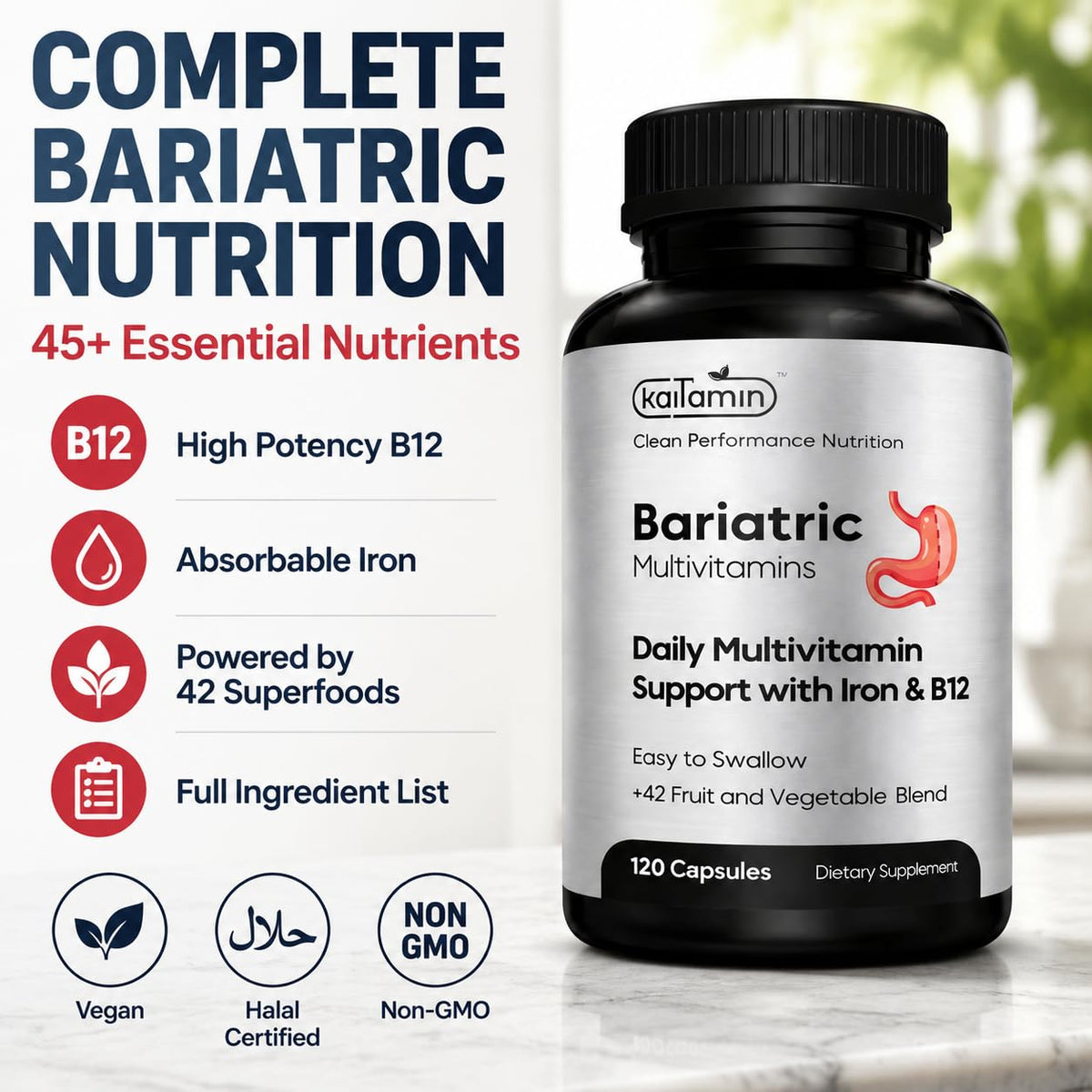 Kaitamin Multivitamines Bariatriques 120 capsules sur fond blanc
