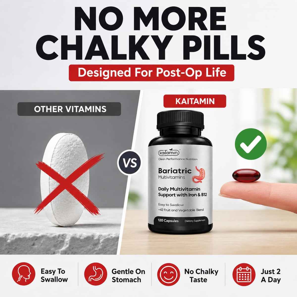 Kaitamin Multivitamines Bariatriques affichant les capsules liquides