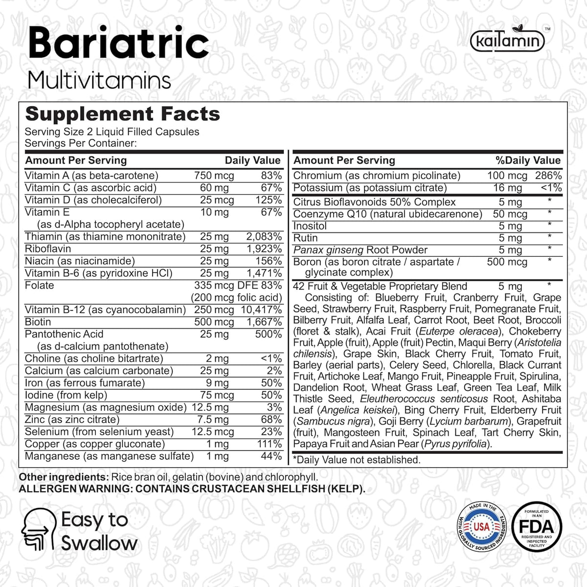 Kaitamin Multivitamines Bariatriques avec fer 45mg détail de l'étiquette