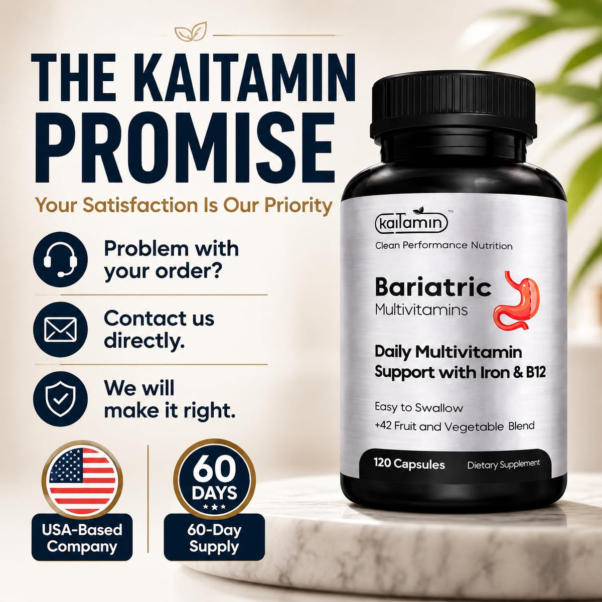 Kaitamin Multivitamines Bariatriques avec une main tenant une capsule
