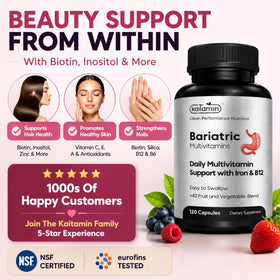 Kaitamin Multivitamines Bariatriques capsules avec fruits et légumes en arrière-plan