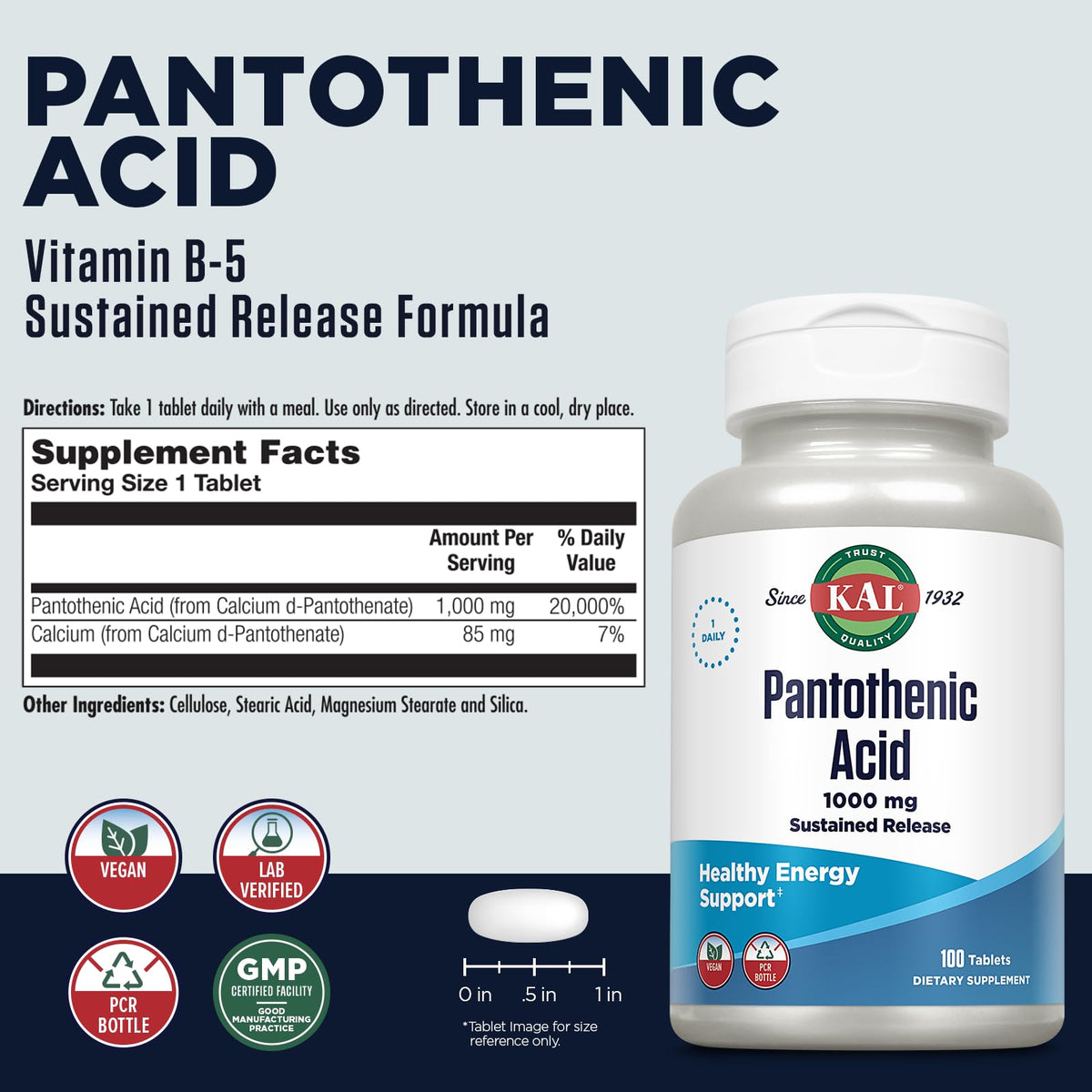 KAL Acide Pantothénique 1000mg complément alimentaire détails de la boîte