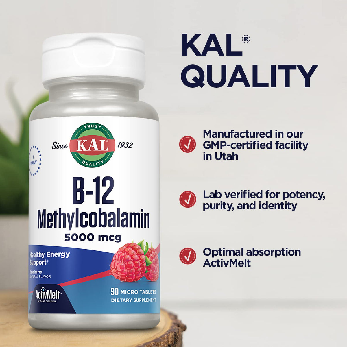 KAL B12 Methylcobalamine 5000 mcg micro-tablets on a wooden table