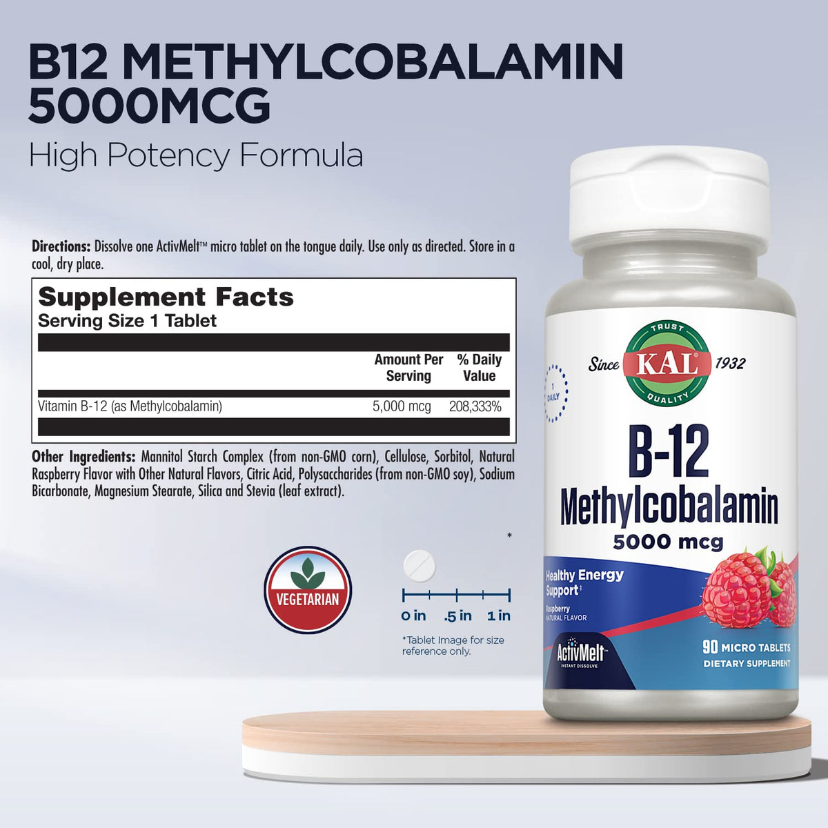 KAL B12 Methylcobalamine 5000 mcg micro-tablets with natural raspberry flavor