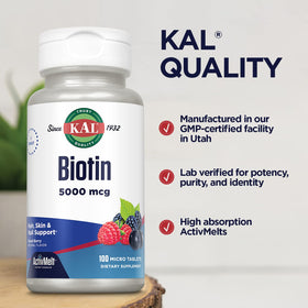 KAL Biotine 5000 Mcg Tablettes en Gros Plan
