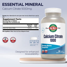 KAL Calcium Citrate 1000mg comprimés sur une table