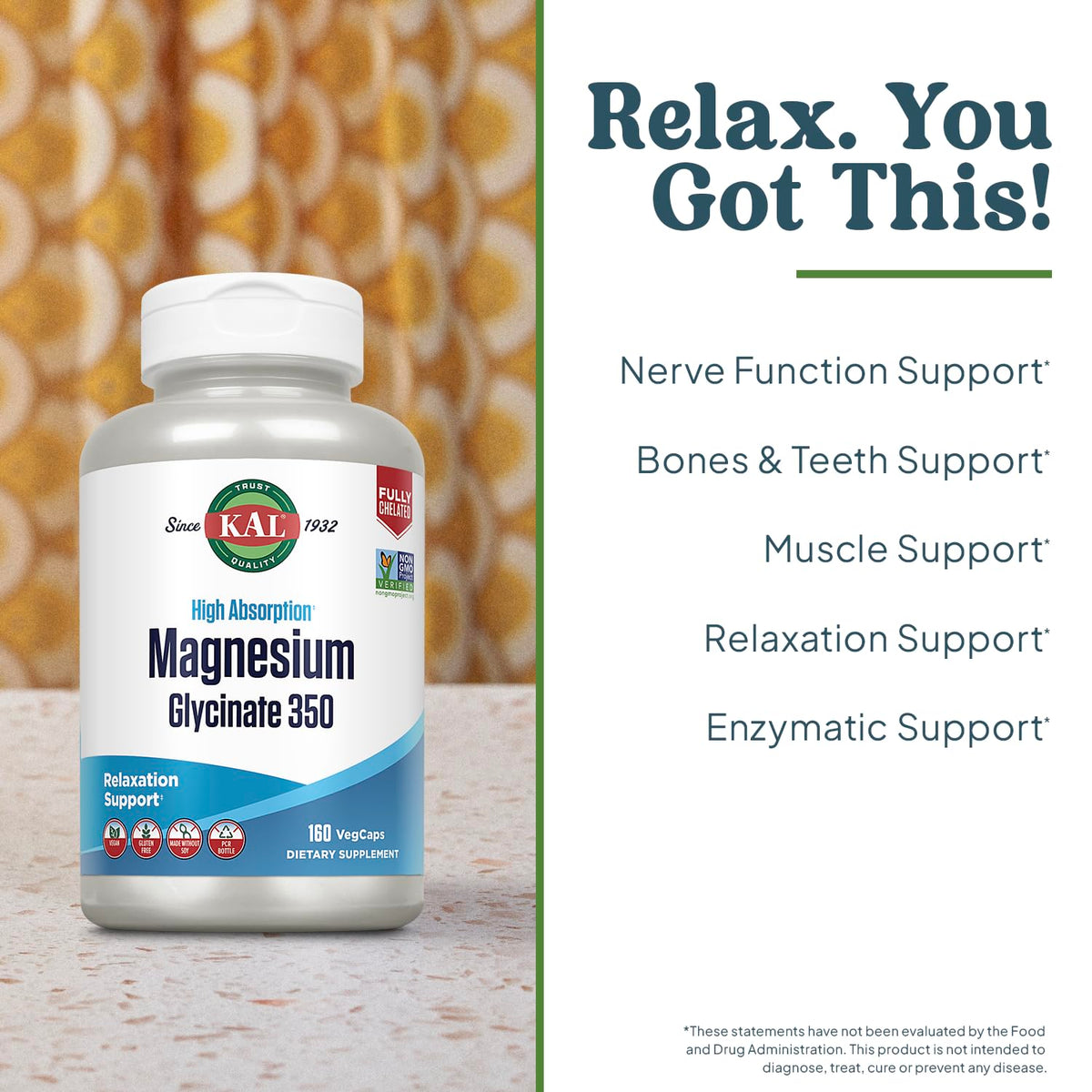 KAL Capsules de Magnésium Glycinate 160 comprimés ouvertes montrant le contenu
