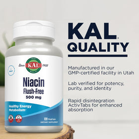 KAL Capsules de Niacine Flush-Free 500 mg flacon ouvert avec capsules