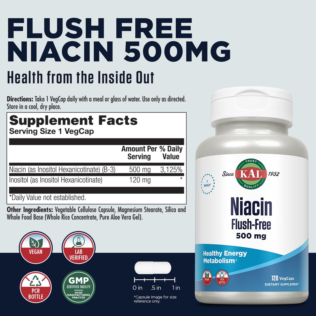 KAL Capsules de Niacine Flush-Free 500 mg vue arrière du flacon