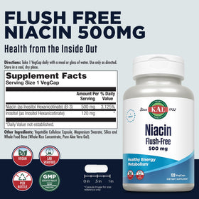 KAL Capsules de Niacine Flush-Free 500 mg vue arrière du flacon