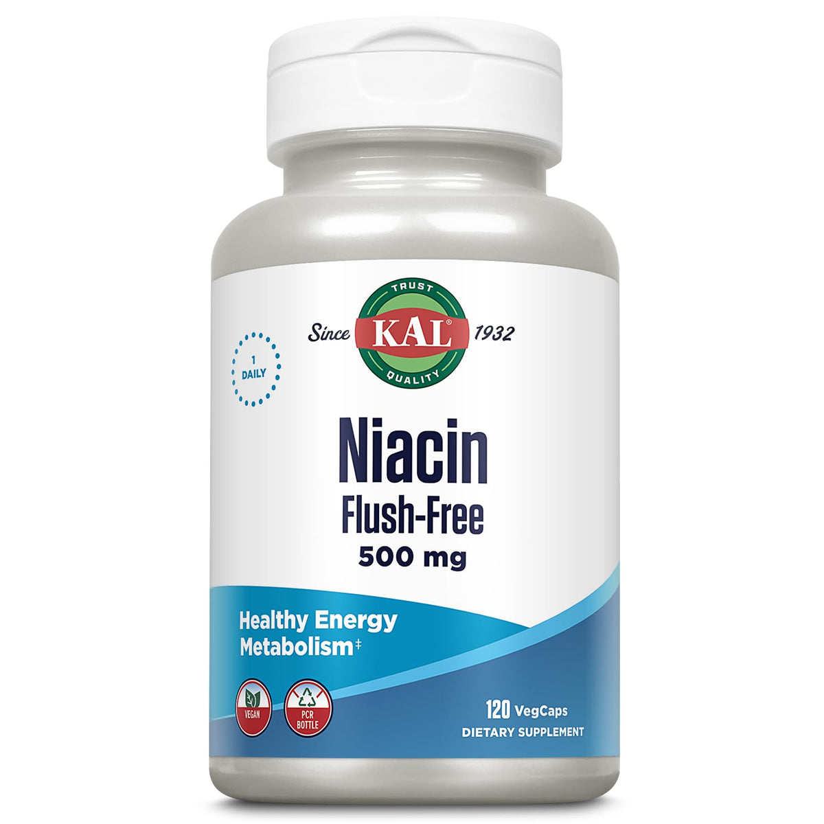 KAL Capsules de Niacine Flush-Free 500 mg vue avant du flacon