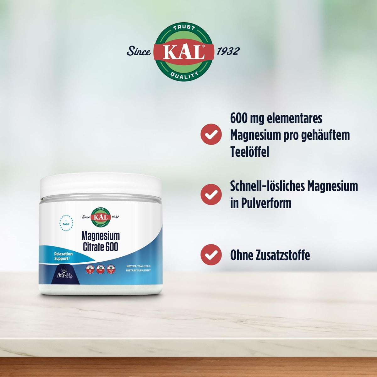 KAL Citrate de Magnésium 600 mg Poudre Instantanée 281 g en poudre