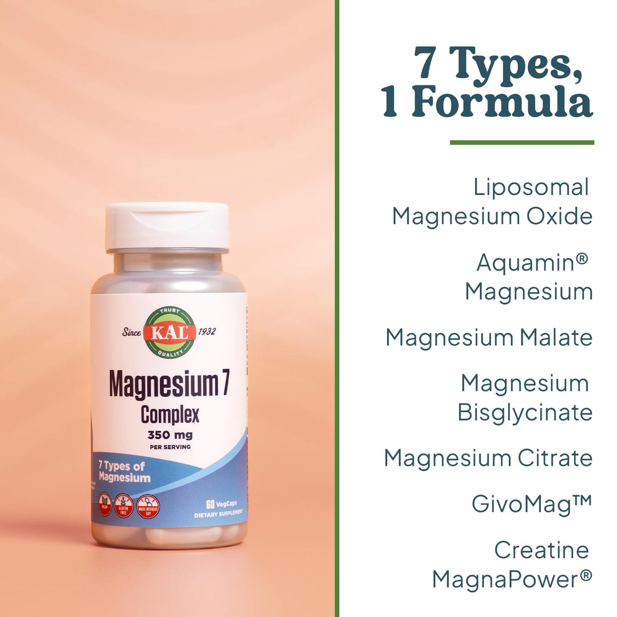 KAL Complexe de Magnésium 7 gélules végétales sur une table