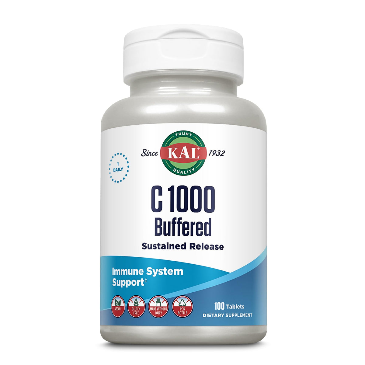 KAL Comprimés de Vitamine C 1000 mg avec étiquette indiquant la libération prolongée