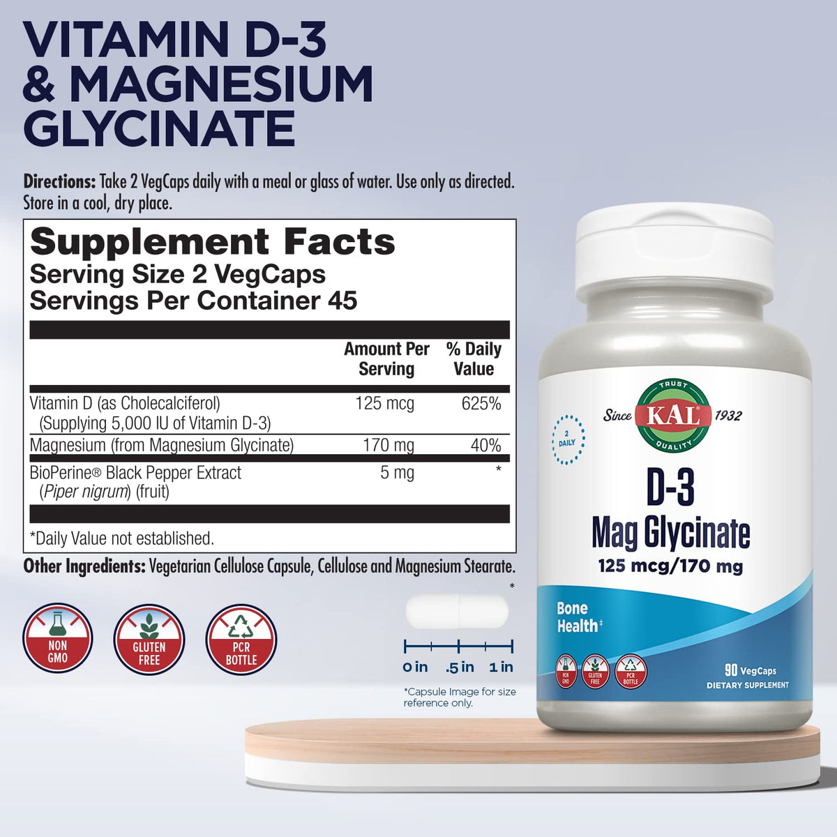 KAL D3 et Magnésium Glycinate 90 VegCaps étiquette