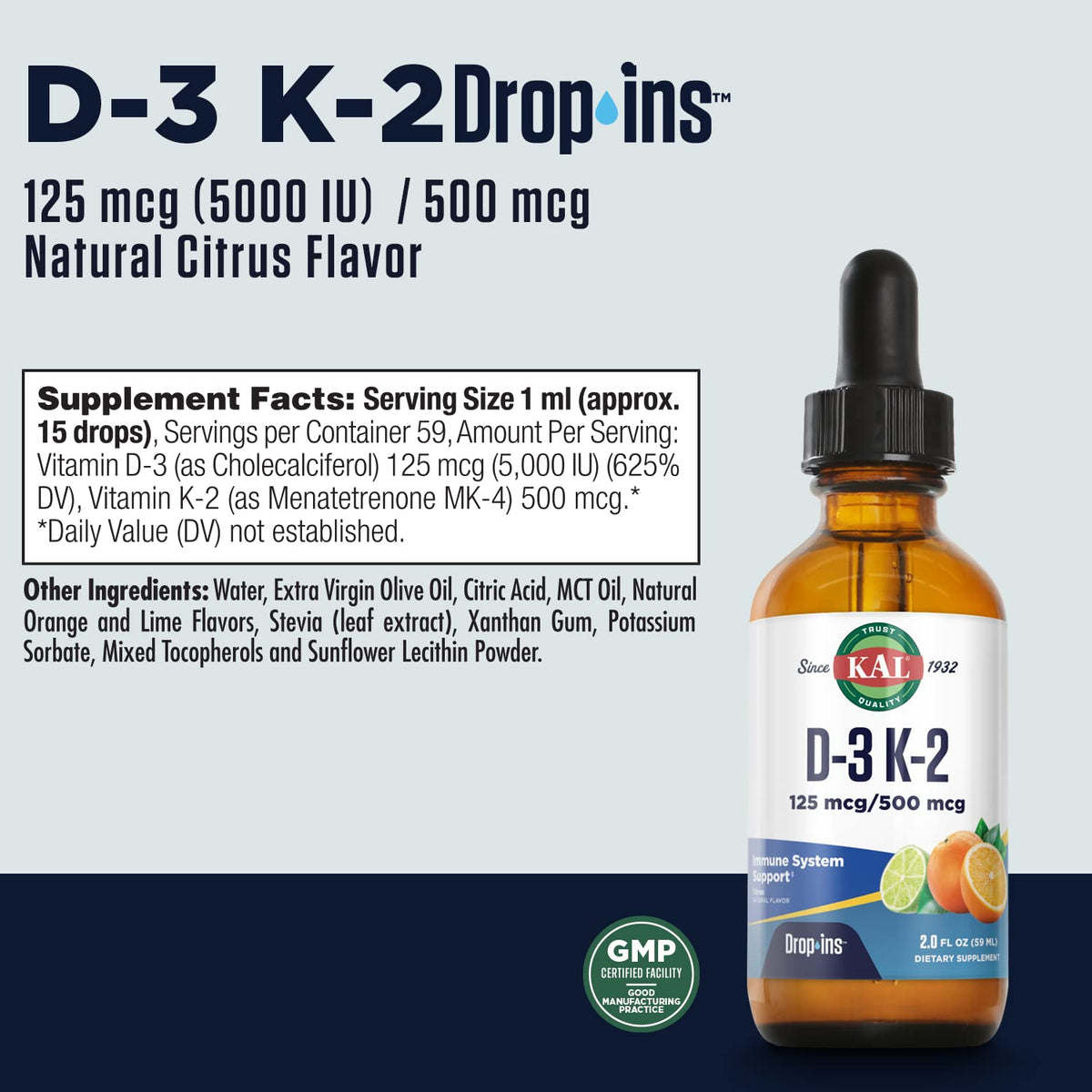 KAL D3 K2 DropIns 125/500 mcg étiquette avec ingrédients