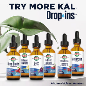 KAL D3 K2 DropIns 125/500 mcg sur une table avec agrumes