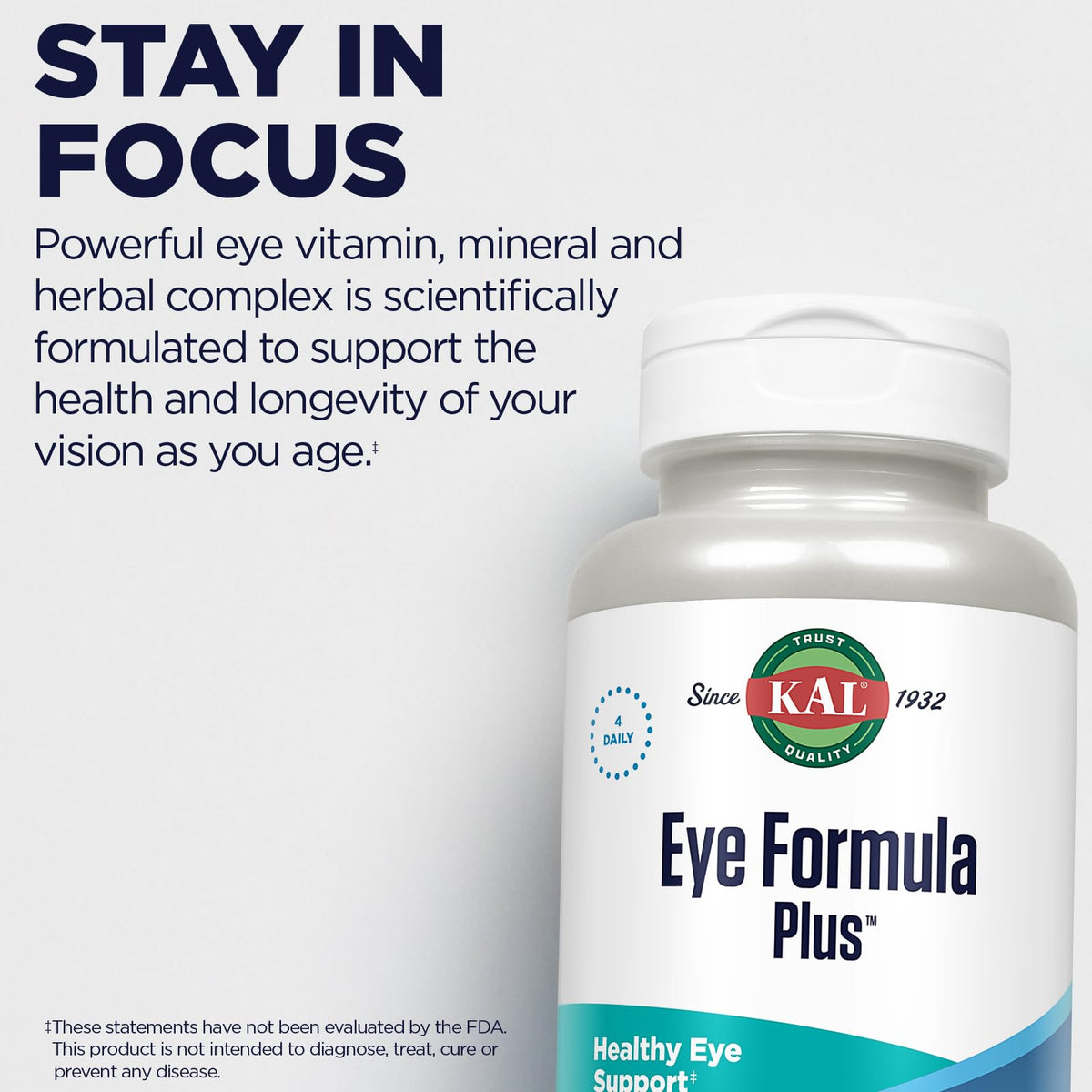 KAL Eye Formula Plus comprimés avec fruits et légumes en arrière-plan